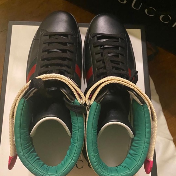 Gucci Mens Black Ace sneakers in soft leather w Web bands nylon NIB New in Box - Picture 3 of 11